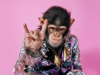 Wall Mural - chimpanzee wearing a metallic silver jacket, making a rock hand gesture against a pink background. a