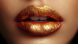 © donnaroza - A detailed close up view of beautiful stunning golden make up woman's lips. Golden dust on the face. Make up mystical concept. Golden shiny skin. Portrait of professional metallic makeup