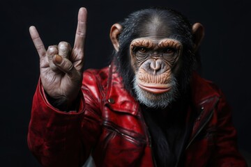 Chimpanzee in a bold red leather jacket making a rock hand gesture. A creative and humorous portrayal blending animal and human characteristics with attitude.