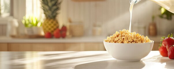 A bowl of cereal being poured with milk, surrounded by fresh strawberries, in a bright kitchen setting with a hint of tropical decor.