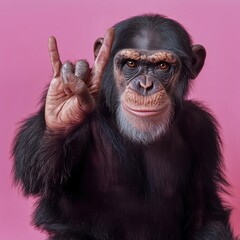 Wall Mural - a playful chimpanzee making a rock hand gesture on a pink background, blending humor and personality