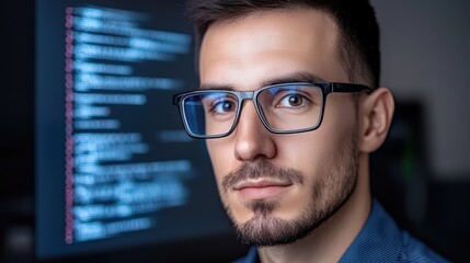Young caucasian male coder with glasses focused on computer screen