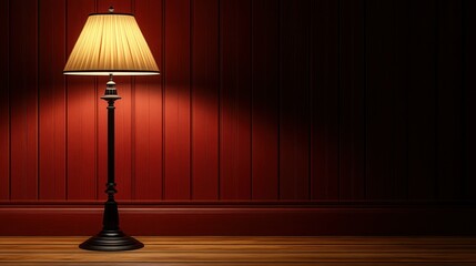 Wall Mural - Lamp illuminating red wall, wood floor. Home decor, website background