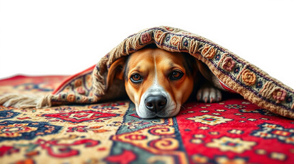 Wall Mural - cute beagle dog hiding under a blanket.