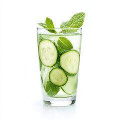 A refreshing cucumber and mint-infused water, isolated white background, minimalistic art style