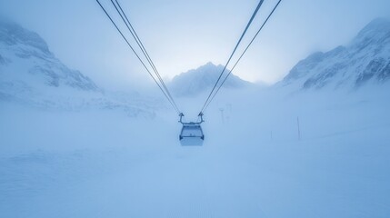 Poster - Cable car ascends snowy, foggy mountains.