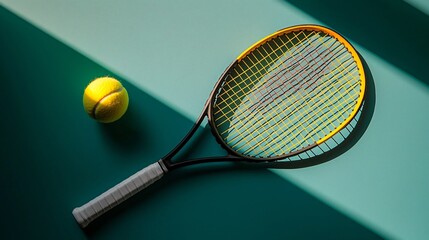 Wall Mural - Tennis racket and ball on teal surface.  Sunlight creates shadows. Sports equipment