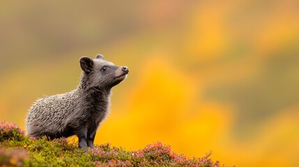 Wall Mural - Curious fox kit autumn hills, looking up. Wildlife photography for nature books