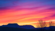 © Thiago - Colorful mountainous landscape at sunset with vivid skies and silhouette of trees in the foreground. Zenith Valley. Illustration