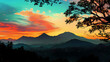 © Thiago - Colorful mountainous landscape at sunset with vivid skies and silhouette of trees in the foreground. Zenith Valley. Illustration