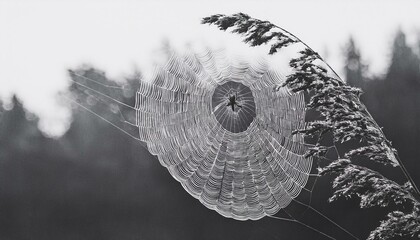 spider in a spider web with dew on branch, green grass, selective focus; macrophotography of insects; natural background;black and white photo of a spider in a web