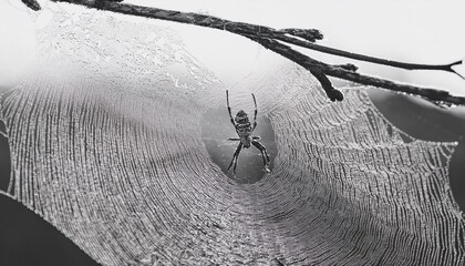 spider in a spider web with dew on branch, green grass, selective focus; macrophotography of insects; natural background;black and white photo of a spider in a web