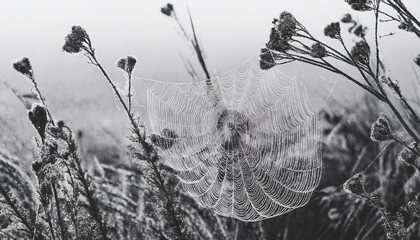 spider in a spider web with dew on branch, green grass, selective focus; macrophotography of insects; natural background;black and white photo of a spider in a web