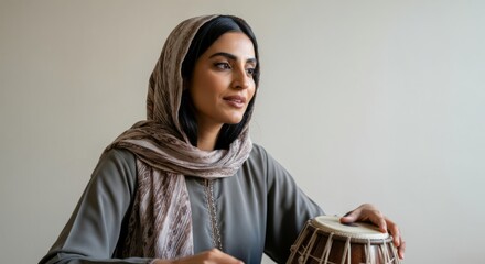 Wall Mural - Woman wearing a scarf is holding a drum