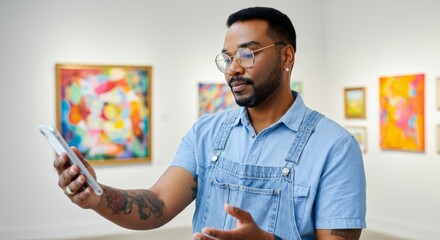 Wall Mural - Man in a blue shirt and overalls is looking at his cell phone