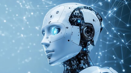 Futuristic Robot Head with Glowing Blue Eye and Complex Mechanical Details in a Technological Setting