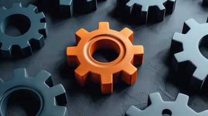 vibrant orange gear stands out among dark gears, symbolizing innovation and creativity in engineering. This captures essence of teamwork and problem solving