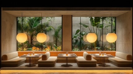 Empty modern restaurant interior with tropical garden view.