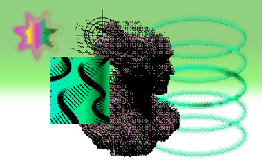Poster - Brutalism style vector graphic collage with simple geometric shapes, grunge style wavy texture and distorted pixelated image of a human face that can be used to create posters and digital prints.