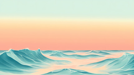 Poster - A serene and tranquil view of the ocean at dusk, showcasing gentle waves under a soft gradient sky, with shades of teal and amber meeting at the horizon. Amber Horizon. Illustration