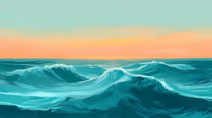 Poster - A serene and tranquil view of the ocean at dusk, showcasing gentle waves under a soft gradient sky, with shades of teal and amber meeting at the horizon. Amber Horizon. Illustration