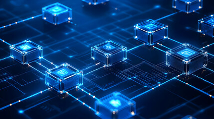 Secure data network, digital blocks, glowing lines, abstract background, tech concept