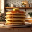 © bersch28 - A mouthwatering stack of pancakes topped with butter, drenched in syrup, served in a cozy kitchen setting, perfect for breakfast enthusiasts.