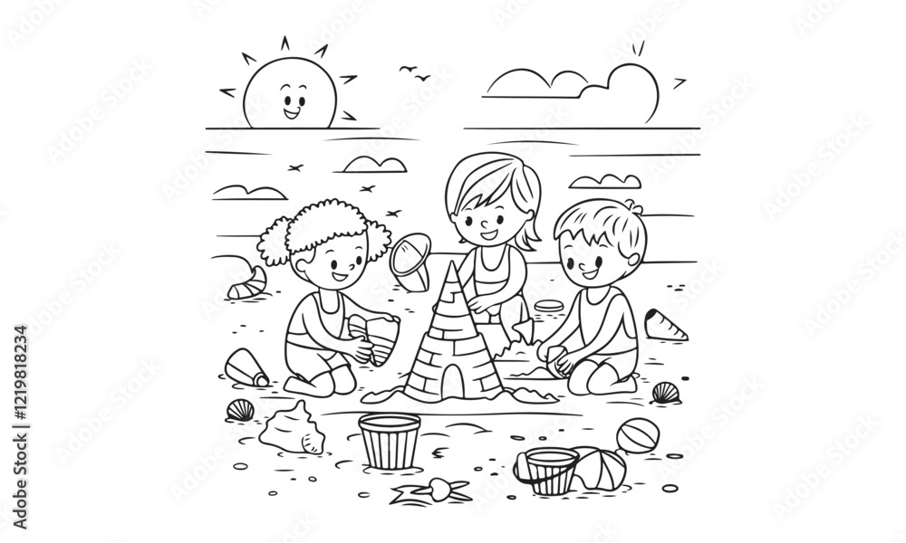 Children Building a Sandcastle Coloring Page - Fun Beach Scene for Kids ...
