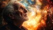 © Joachim - An intriguing portrait of an elderly man looking upward with wonder, against a cosmic backdrop full of swirling, colorful lights, evoking curiosity and wisdom.