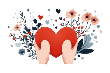 Aufkleber - A flat design of two hands holding a heart, drawn with bold, simple shapes and warm, inviting colors