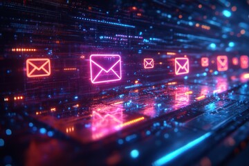 futuristic digital landscape glowing neon email icons cyberpunk exchange folders data transfer backu