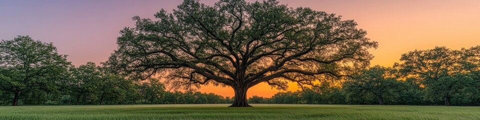 Canvas Print - Majestic Oak Tree in Serene Landscape at Sunset - Expansive Green Meadow with Vibrant Orange and Purple Sky - Perfect Scene for Nature Lovers and Photography