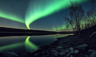 Wall Mural - A magnificent holographic aurora borealis display lighting up the sky over a peaceful lake.
