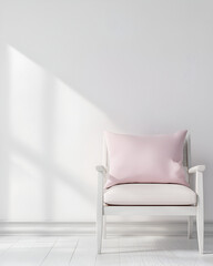 Canvas Print - White armchair with pink pillow in a bright room. Minimalist interior design.