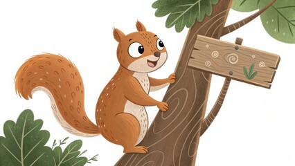 squirrel on tree with signpost digital illustration, whimsical style, woodland creature, nature, chi
