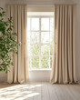© Hannah - Sunlight streams through beige curtains onto light wood floors, illuminating a leafy plant beside a bright window.