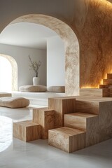 Wall Mural - Minimalist interior, arched walls, wooden steps.