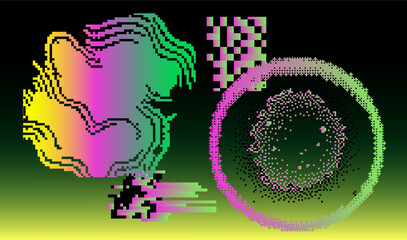 Poster - Brutalism and internet pixel graphics inspired vector collage made with simple geometric shapes and grunge texture in holographic bold colors, useful for poster art and digital prints.