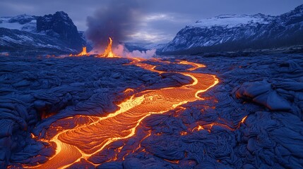 Poster - Lava flows through dark volcanic landscape.