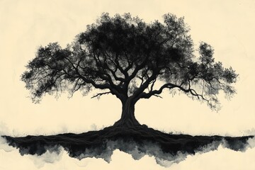 Intricate Black Tree Illustration with High Contrast Lighting