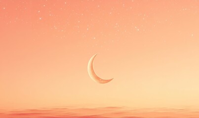 Wall Mural - Crescent moon, stars, peachy sky, serene.