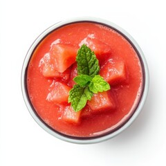 A refreshing watermelon gazpacho with mint garnish, isolated white background, minimalistic art style