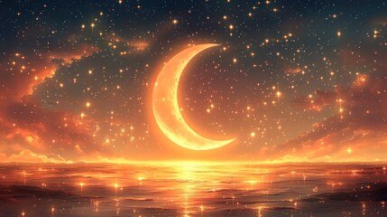 Wall Mural - Crescent moon, starry sky, golden ocean.