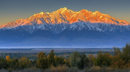 Wall Mural - Sunrise illuminates snow-capped mountain range behind autumnal trees and valley.