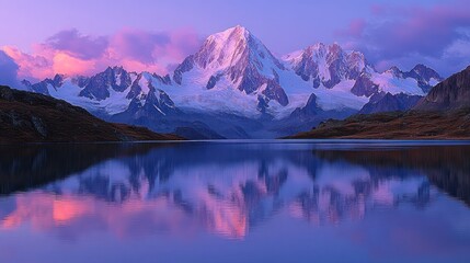 Wall Mural - Sunrise illuminates snowy mountain reflected in calm lake.