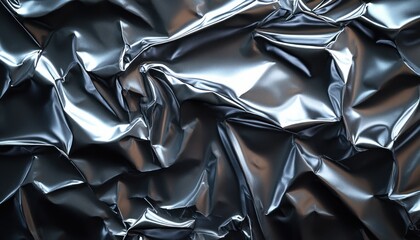 Crumpled Aluminum Foil Close-Up with Shiny Textured Surface and Dramatic Lighting for Abstract Background