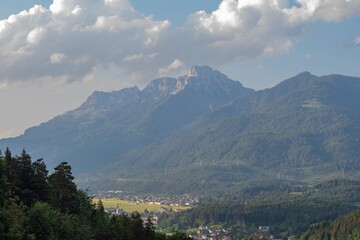  Beautiful view of the mountains and Alps mountain range in Austria. Mountain landscape.