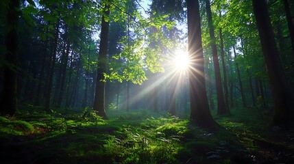 Wall Mural - sunbeams filtering through lush green forest canopy