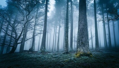 Wall Mural - Enigmatic misty forest, tall trees, serene atmosphere.