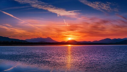 Wall Mural - Fiery sunset over calm lake and mountains. Vivid colors paint the sky.